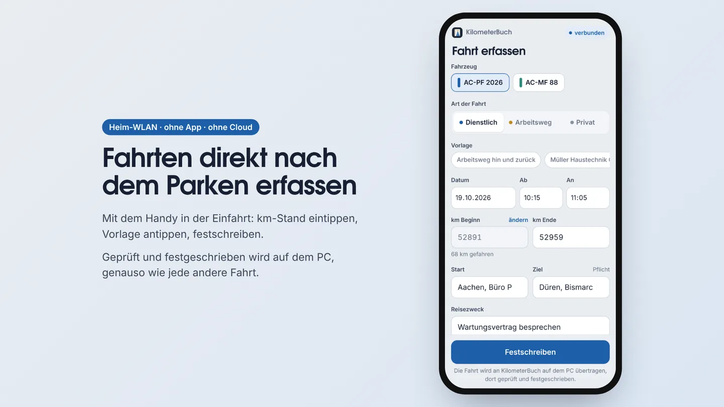 Bildschirmfoto: Fahrten am Handy erfassen